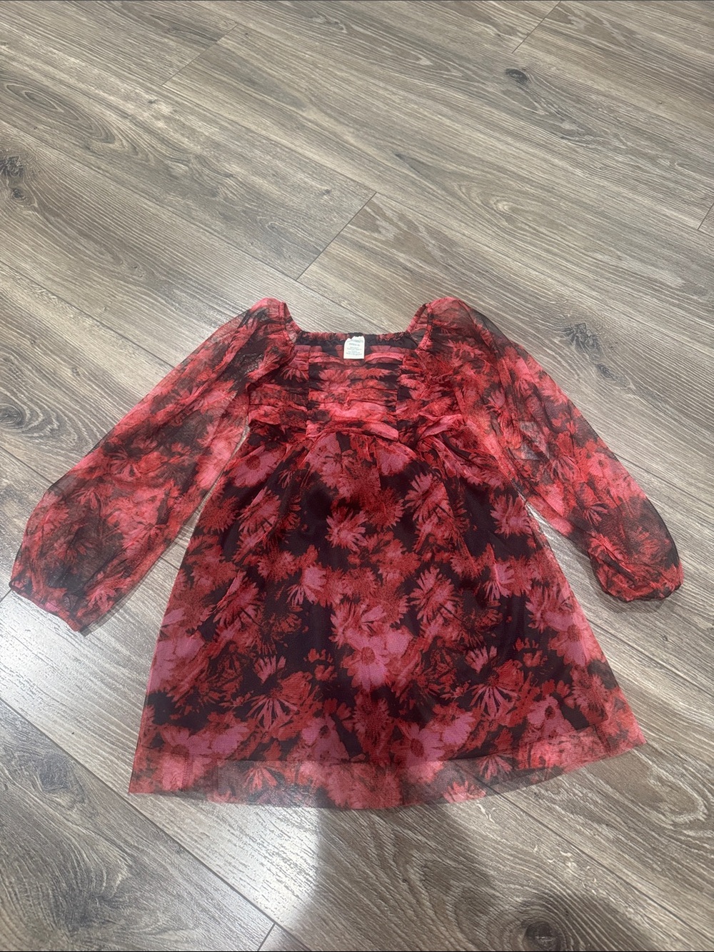 NWG (4/5) Girls' Red Floral Chiffon Long-Sleeve Party Dress